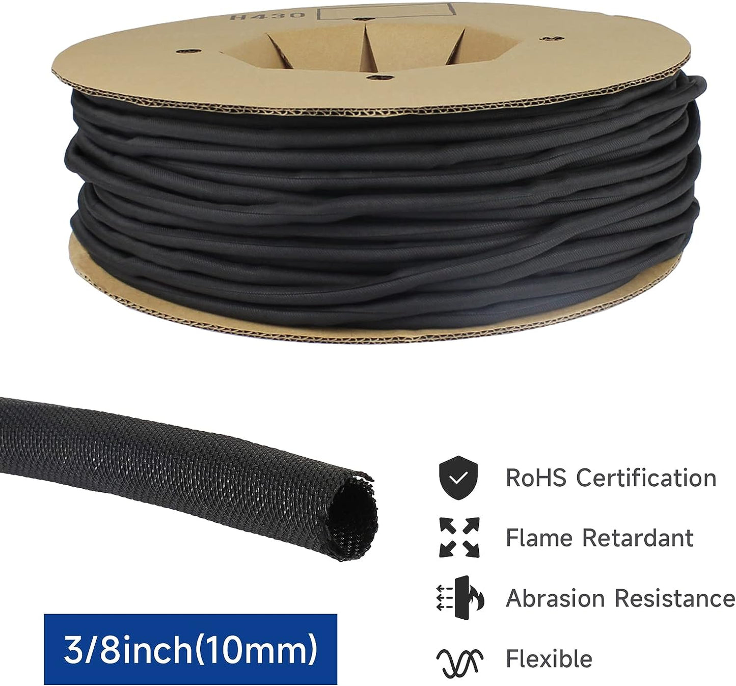 Black Braided Cable Management Sleeves Wire Loom Tubing Cord Protector Self-Wrapping