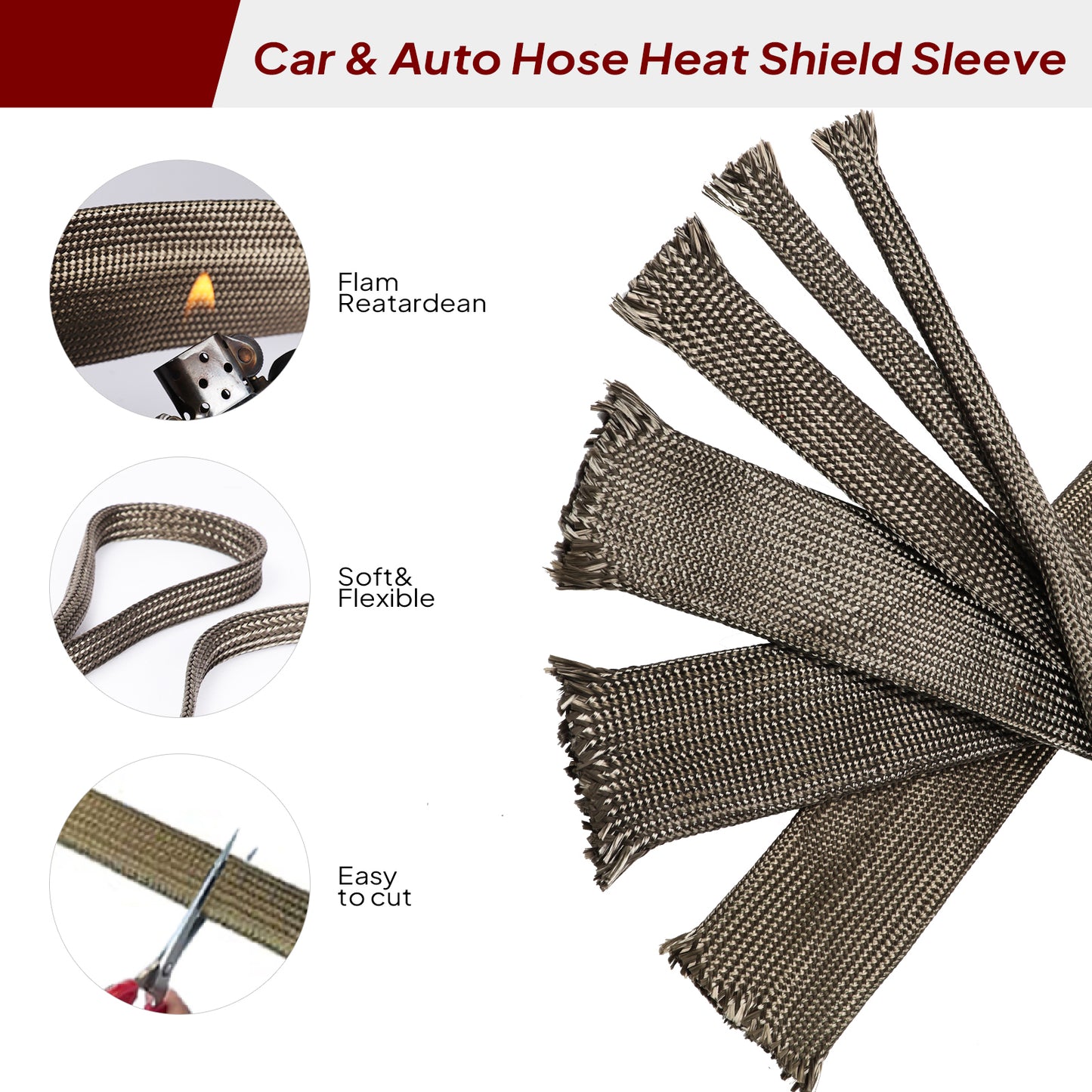 Automotive Heat Sleeve Roll - Woven Design Vehicle Hose Wire Loom Brake Cable/Fuel Line/Spark Plug Protector Cover