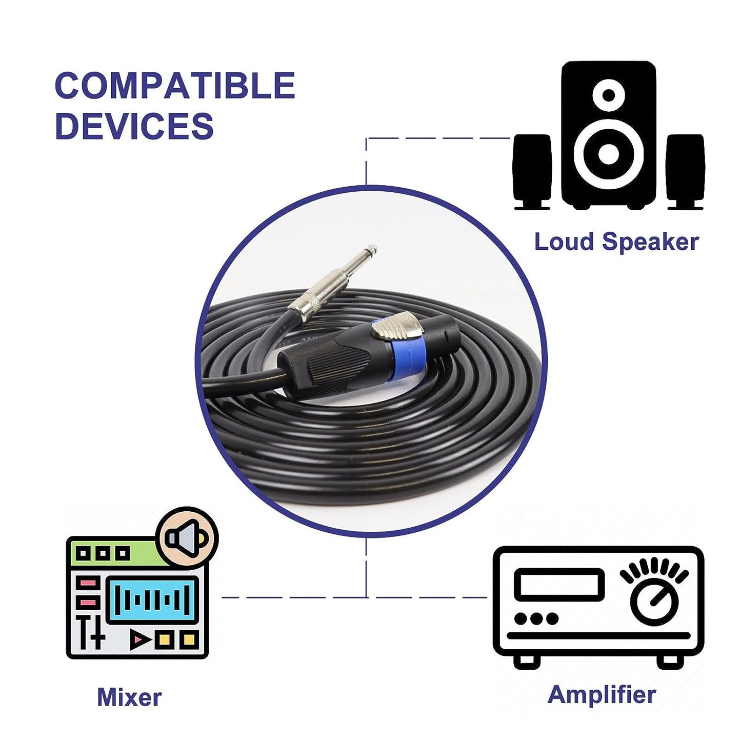 10 Feet Speakon to 1/4 Inch Cable - 1pc 10FT Speak-On Male to 1/4” 6.35mm TS Wire for Speaker, Loudspeaker, Audio Amplifier, Mixer - 16 AWG Heavy Duty Shielded with Twist Lock