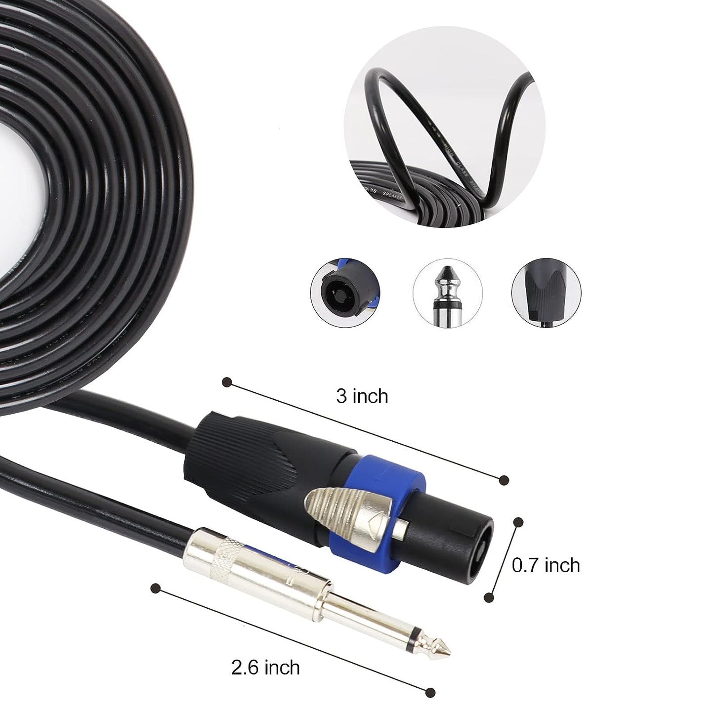 10 Feet Speakon to 1/4 Inch Cable - 1pc 10FT Speak-On Male to 1/4” 6.35mm TS Wire for Speaker, Loudspeaker, Audio Amplifier, Mixer - 16 AWG Heavy Duty Shielded with Twist Lock