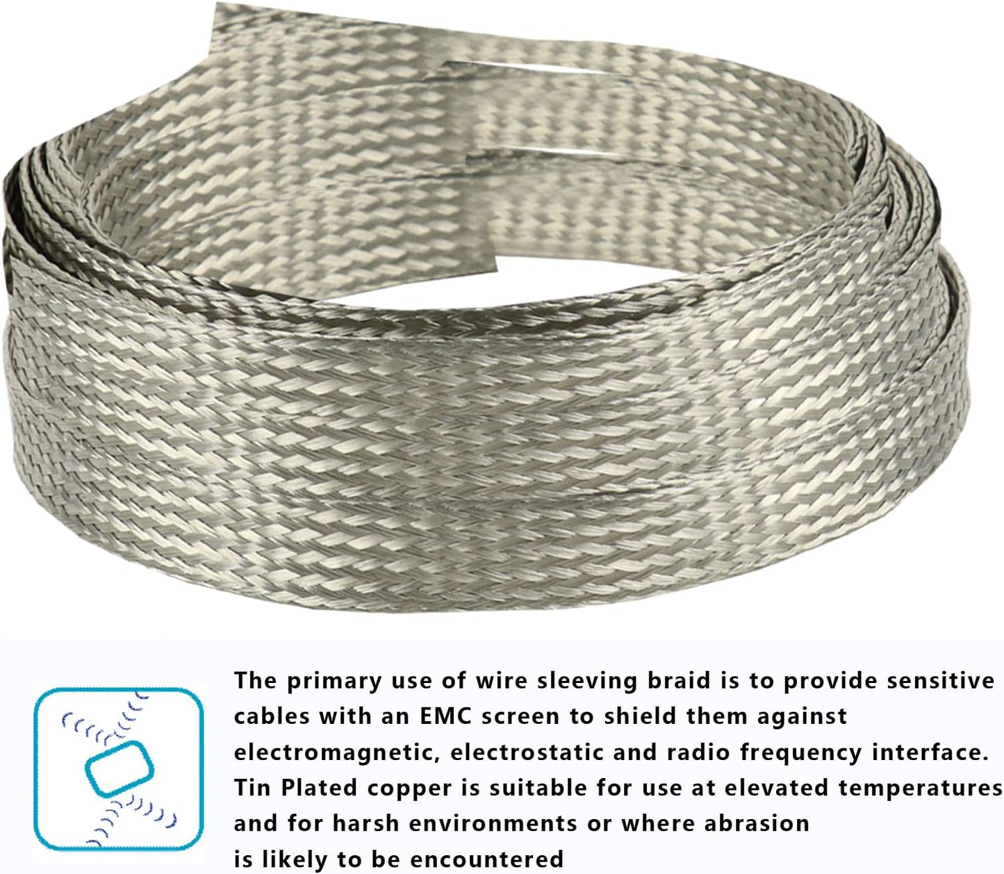 Wire Shielding Tinned Copper Flat Braid Cable Sleeving Ground Straps ESD EMI RFI Protector Flexible Mesh