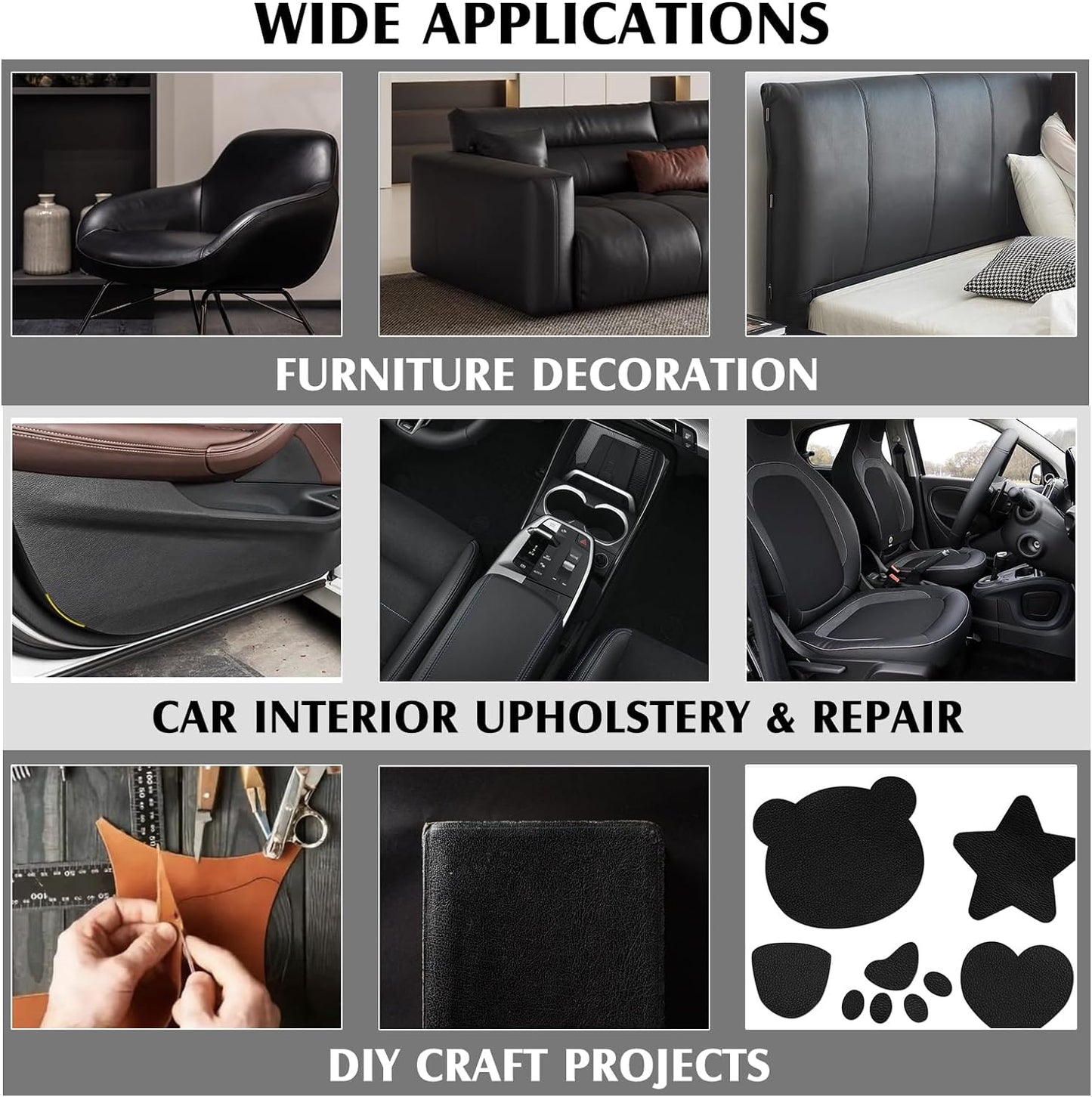 Faux Leather Sheets, Vinyl Upholstery Leather Fabric, Soft & Firm Texture for Upholstery Car Seats Refurnish Headboards Sofas Chairs Black