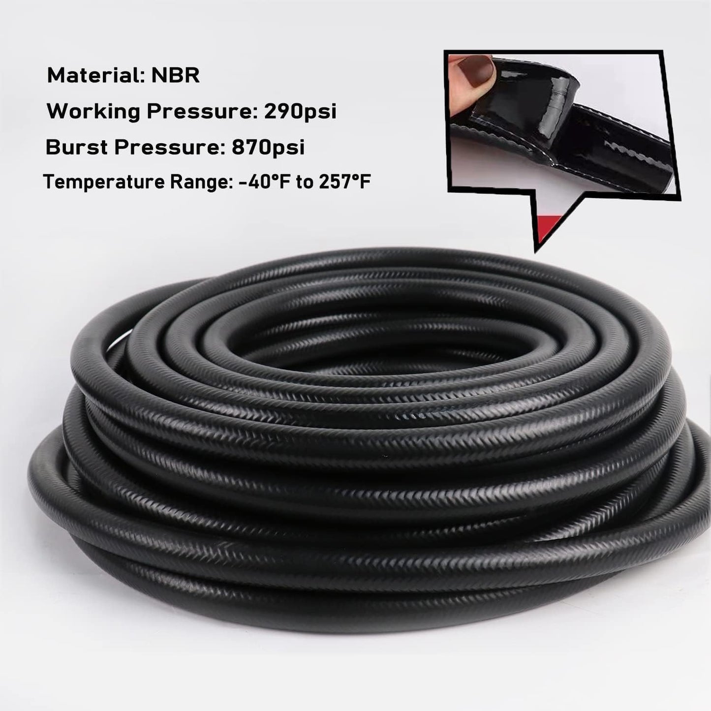 Fuel Line Hose NBR Material 6Ft Inside Diameter, Thick Wall 3.5mm, Oil, Acids, Gas Resistant Black